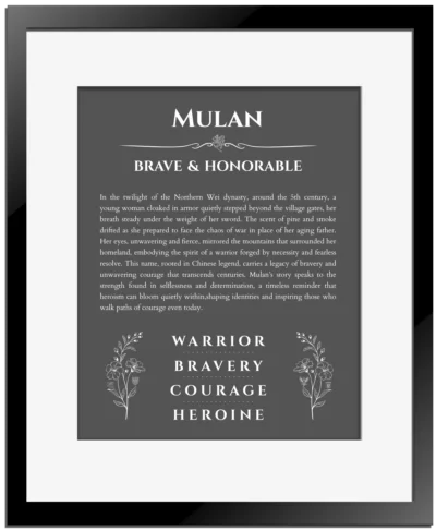 Mulan name meaning gift print in gray with black matte frame