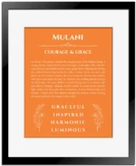Mulani personalized name meaning print in orange with black matte frame