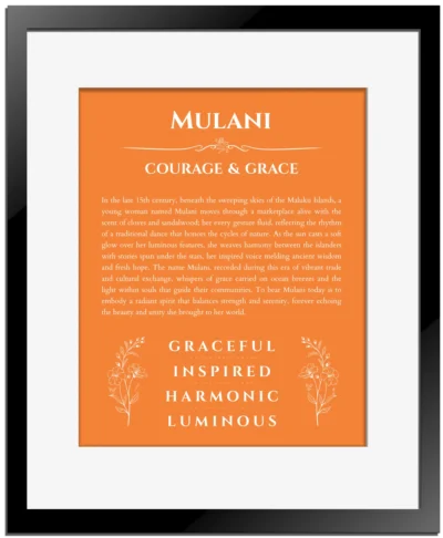 Mulani personalized name meaning print in orange with black matte frame