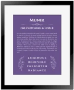 Munir personalized name meaning print in purple with black matte frame