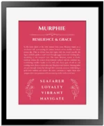 Murphie name origin print with meaning and traits in red with black matte frame
