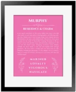 Murphy personalized name print with origin and traits in pink with black matte frame