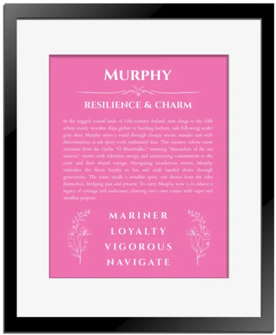 Murphy personalized name print with origin and traits in pink with black matte frame