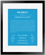 Murray personalized wall art with the story of your name in blue with black matte frame