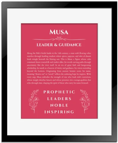 Musa name meaning gift print in red with black matte frame