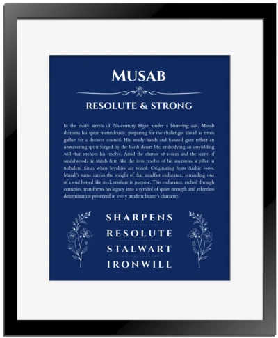 Musab custom name meaning print in deep blue with black matte frame