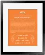Mya personalized name meaning print in orange with black matte frame