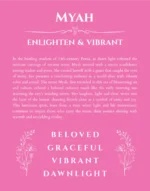 Myah personalized name print with origin and traits in pink