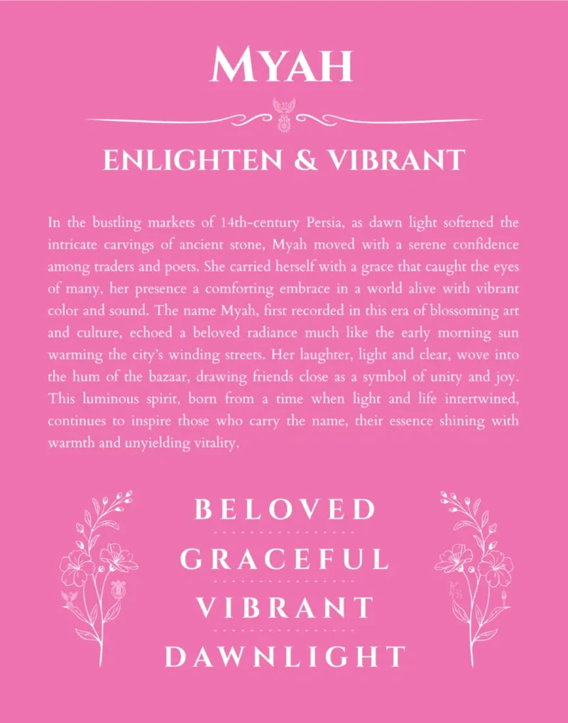 Myah personalized name print with origin and traits in pink