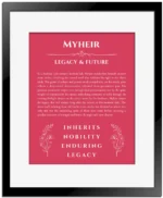 Myheir custom name print for wall display in red with black matte frame
