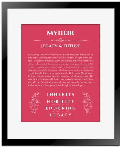 Myheir custom name print for wall display in red with black matte frame