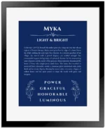 Myka custom name print for wall display in deep blue with black matte frame