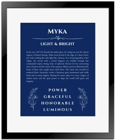 Myka custom name print for wall display in deep blue with black matte frame