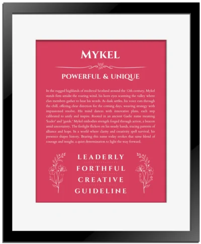 Mykel name meaning wall art by Get Your Story in red with black matte frame