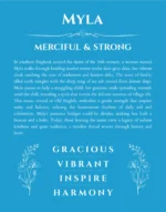 Myla name origin print with meaning and traits in blue