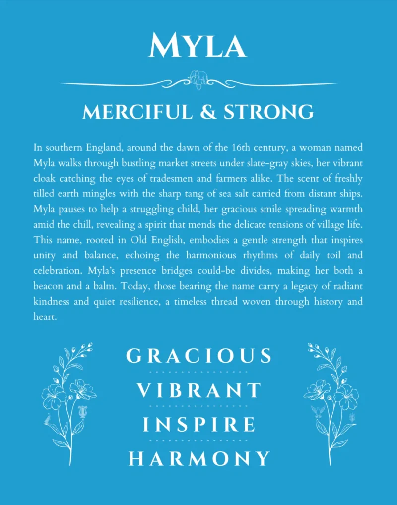 Myla name origin print with meaning and traits in blue