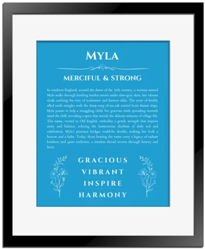 Myla name origin print with meaning and traits in blue with black matte frame