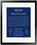 Mylan personalized wall art with the story of your name in deep blue with black matte frame