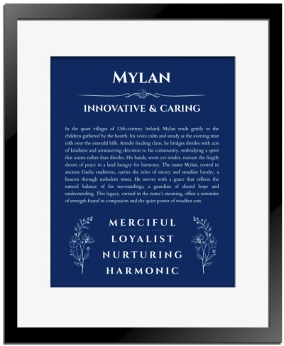 Mylan personalized wall art with the story of your name in deep blue with black matte frame
