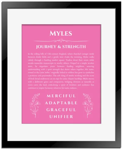 Myles personalized name meaning print in pink with black matte frame