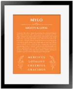 Mylo personalized wall art with the story of your name in orange with black matte frame