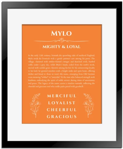 Mylo personalized wall art with the story of your name in orange with black matte frame