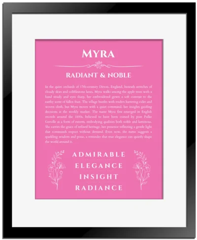 Myra personalized wall art with the story of your name in pink with black matte frame
