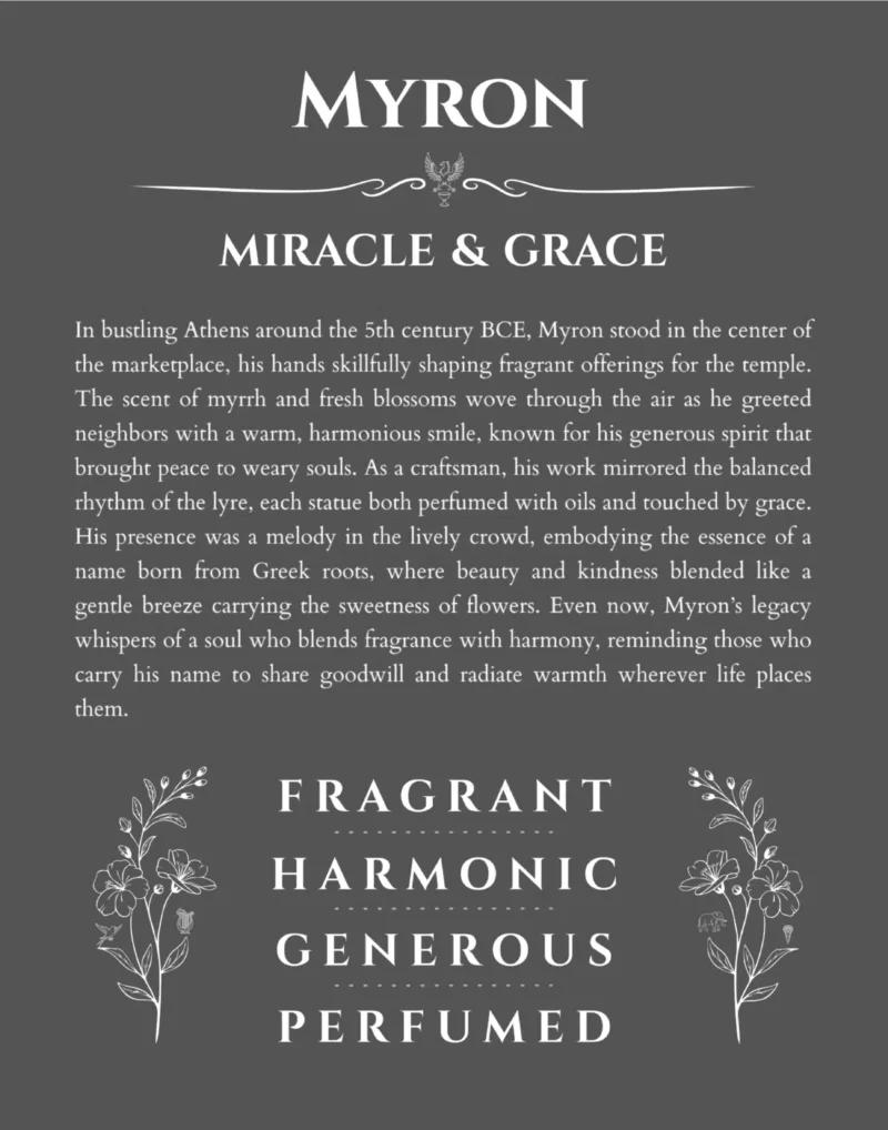 Myron personalized name art with origin story in gray