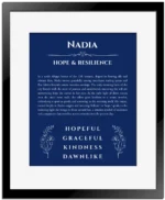 Nadia custom name art showing meaning and origin in deep blue with black matte frame
