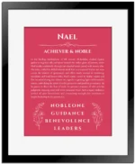 Nael personalized name art with origin story in red with black matte frame
