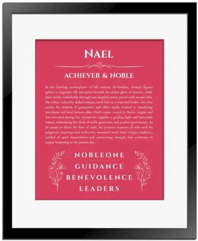 Nael personalized name art with origin story in red with black matte frame