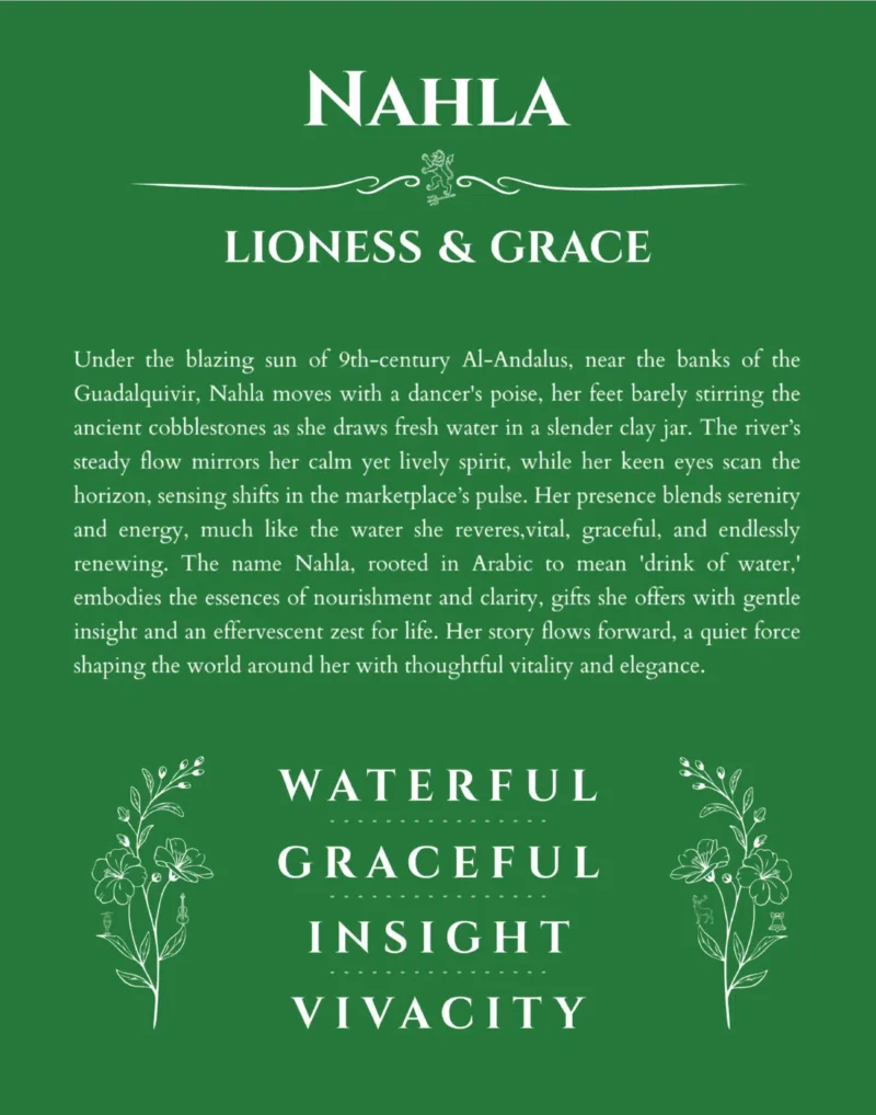 Nahla name origin print with meaning and traits in dark green