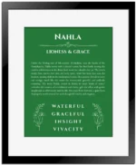 Nahla name origin print with meaning and traits in dark green with black matte frame