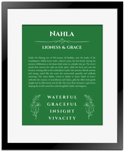 Nahla name origin print with meaning and traits in dark green with black matte frame
