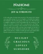 Nahomi personalized name art with origin story in dark green
