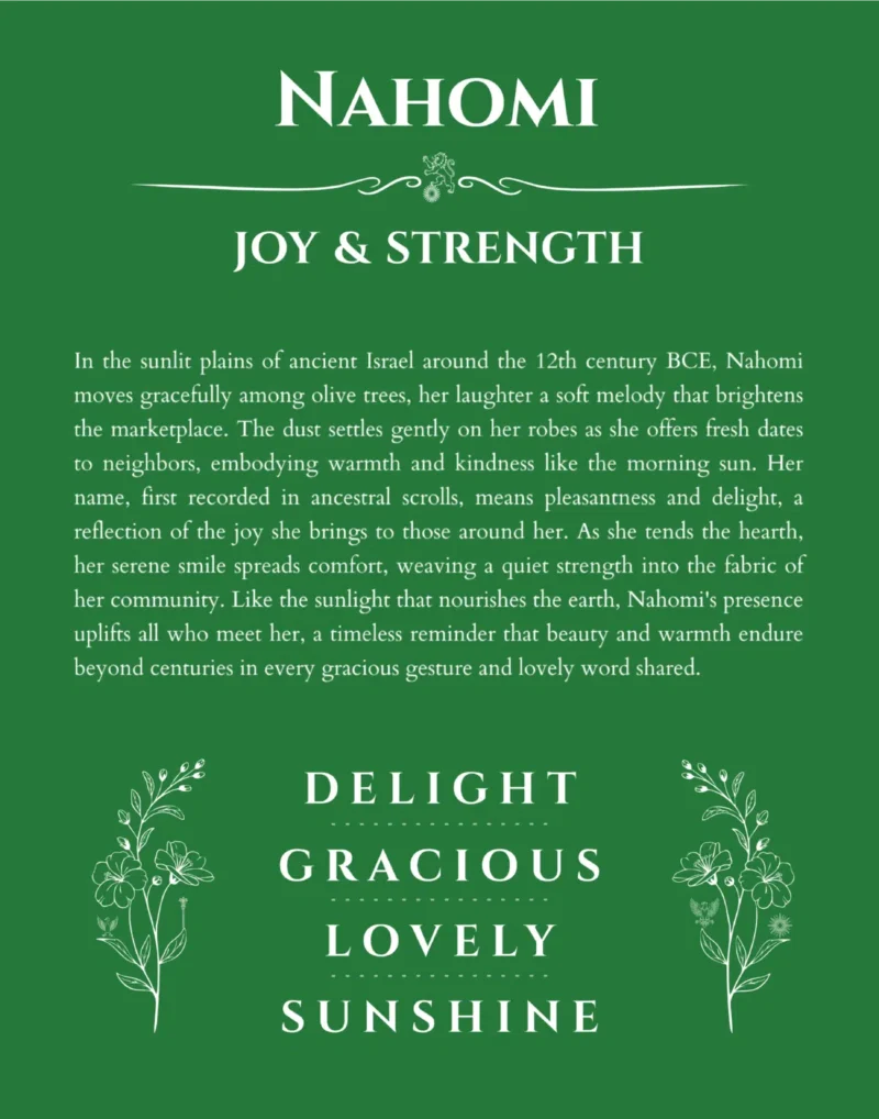 Nahomi personalized name art with origin story in dark green
