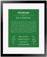 Nahomi personalized name art with origin story in dark green with black matte frame