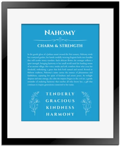 Nahomy personalized name meaning print in blue with black matte frame