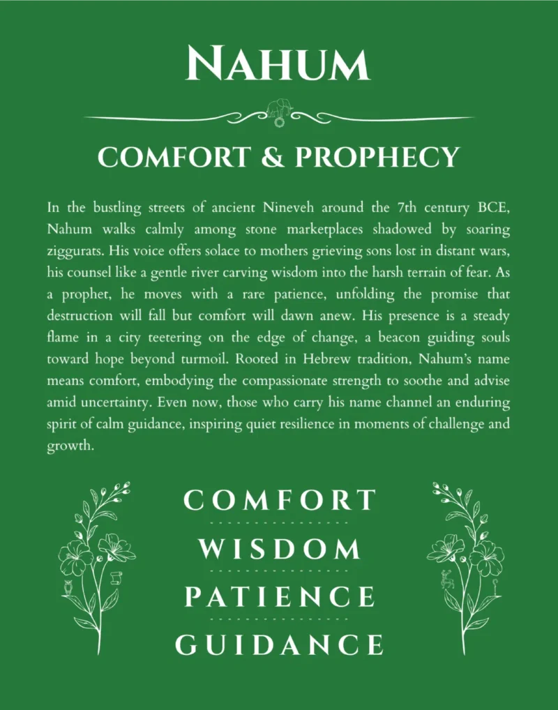 Nahum personalized name print with origin and traits in dark green