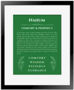 Nahum personalized name print with origin and traits in dark green with black matte frame