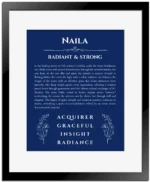 Naila personalized wall art with the story of your name in deep blue with black matte frame