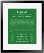 Nailah personalized name print with origin and traits in dark green with black matte frame