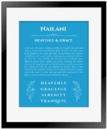 Nailani custom name meaning print in blue with black matte frame