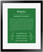 Nailea custom name art showing meaning and origin in dark green with black matte frame