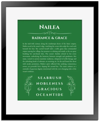 Nailea custom name art showing meaning and origin in dark green with black matte frame