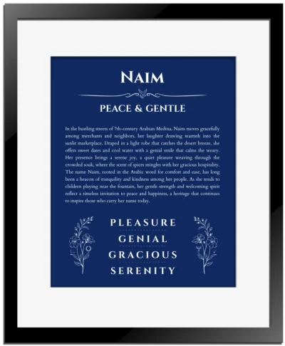 Naim name meaning gift print in deep blue with black matte frame