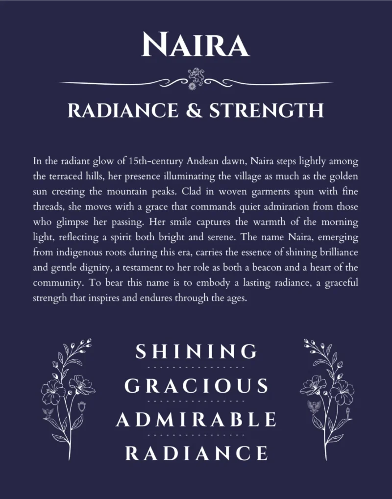 Naira custom name art showing meaning and origin in navy blue