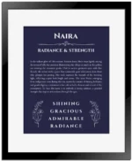 Naira custom name art showing meaning and origin in navy blue with black matte frame