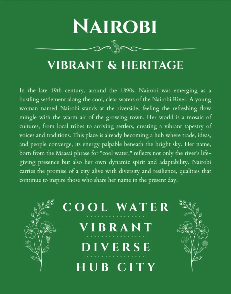 Nairobi name origin print with meaning and traits in dark green