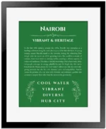 Nairobi name origin print with meaning and traits in dark green with black matte frame